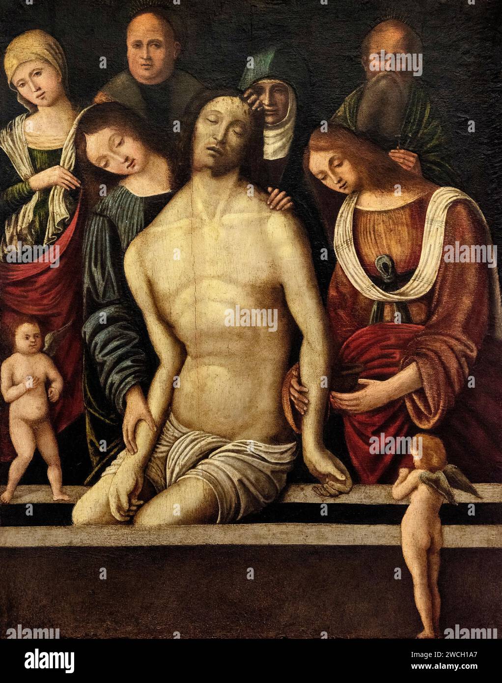 Deposizione di Gesù nel sepolcro con angeli  - tempera su tavola - Lorenzo Costa e bottega - primo decennio del XVI secolo  -  Pavia, Civica Pinacotec Stock Photo