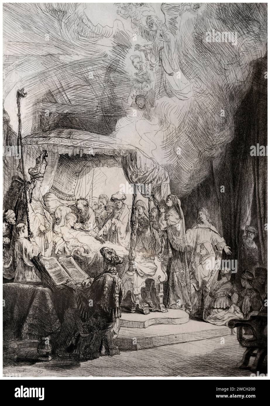 Morte della Vergine  - acquaforte, puntasecca e bulino   - Rembrandt Harmensz van Rijn   - 1639  -  Pavia, Civica Pinacoteca Malaspina Stock Photo