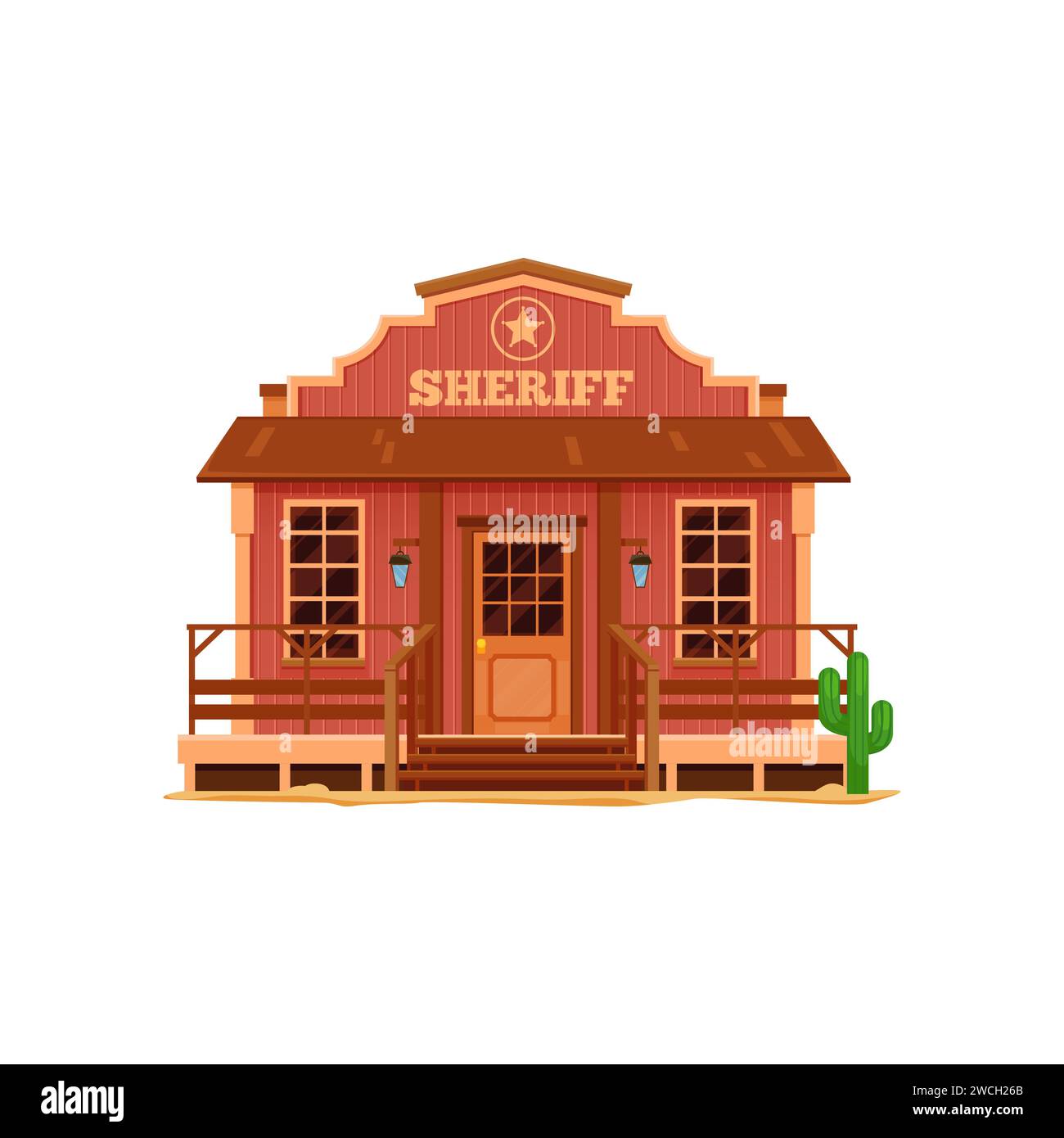 Western Wild West town sheriff office cartoon building, vector old american police department. Western country street building with wood board facade, sheriff star signboard, porch with stairs, cactus Stock Vector