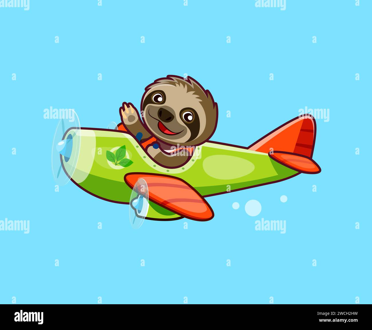 Cartoon sloth animal character on plane. Cute australian animal pilot