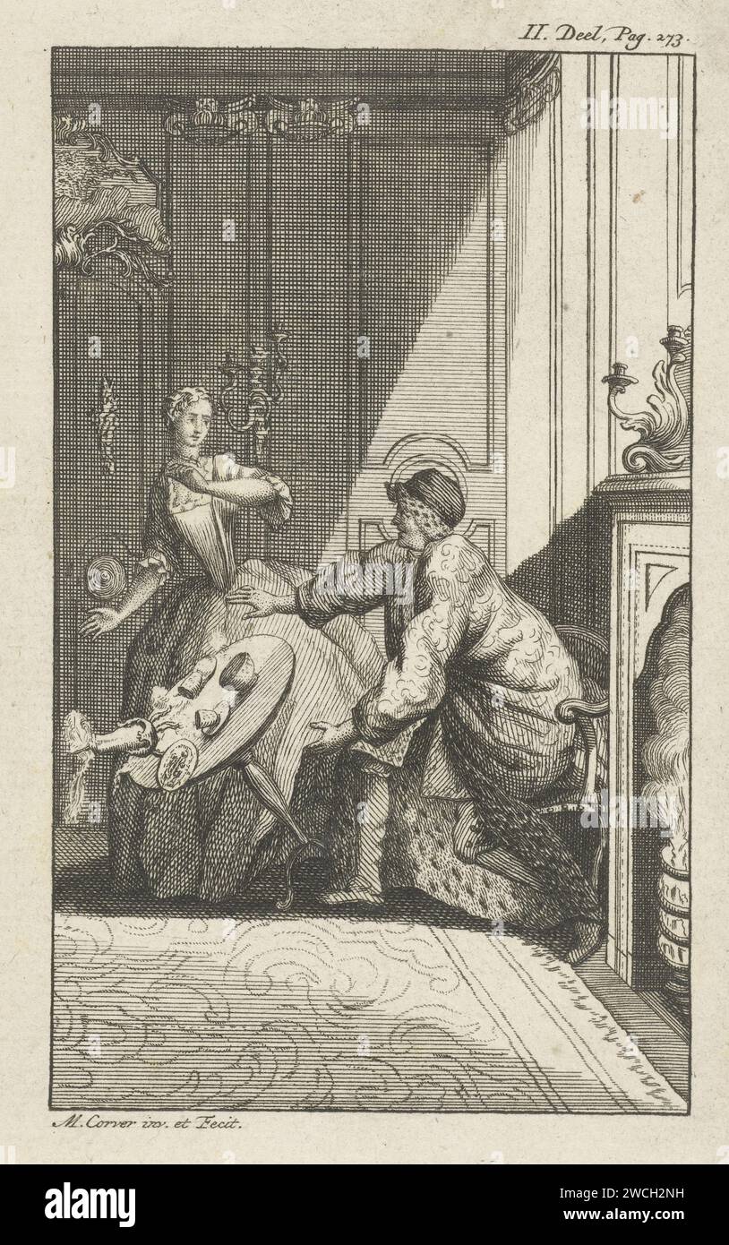 Dienste Maatsje Persne A Table, Marten Corver, 1751 print A maid accidentally pushes the breakfast table. The woman of the house, dressed in a dressing gown, jumps out of her chair and tries to hold the table. Amsterdam paper etching little household accidents. maid  house personnel. bath-robe, dressing-gown Stock Photo