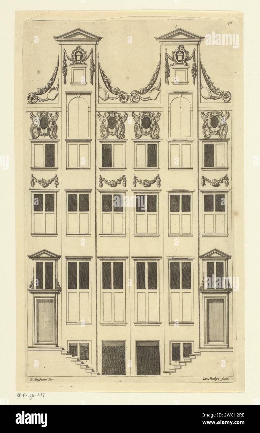 Facades of the two left Cromhouthuizen in Amsterdam, Jan Matthysz., After Philips Vinckboons (II), 1674 print The two left Cromhouthuizen on the Herengracht in Amsterdam designed by Philips Vingboons. Amsterdam paper etching / engraving exterior  architectural design or model Stock Photo