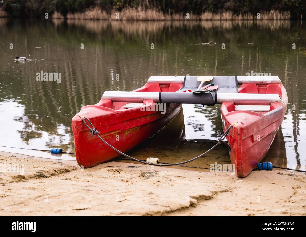 The two boats resting in the calm waters along a sandy shore Stock Photo