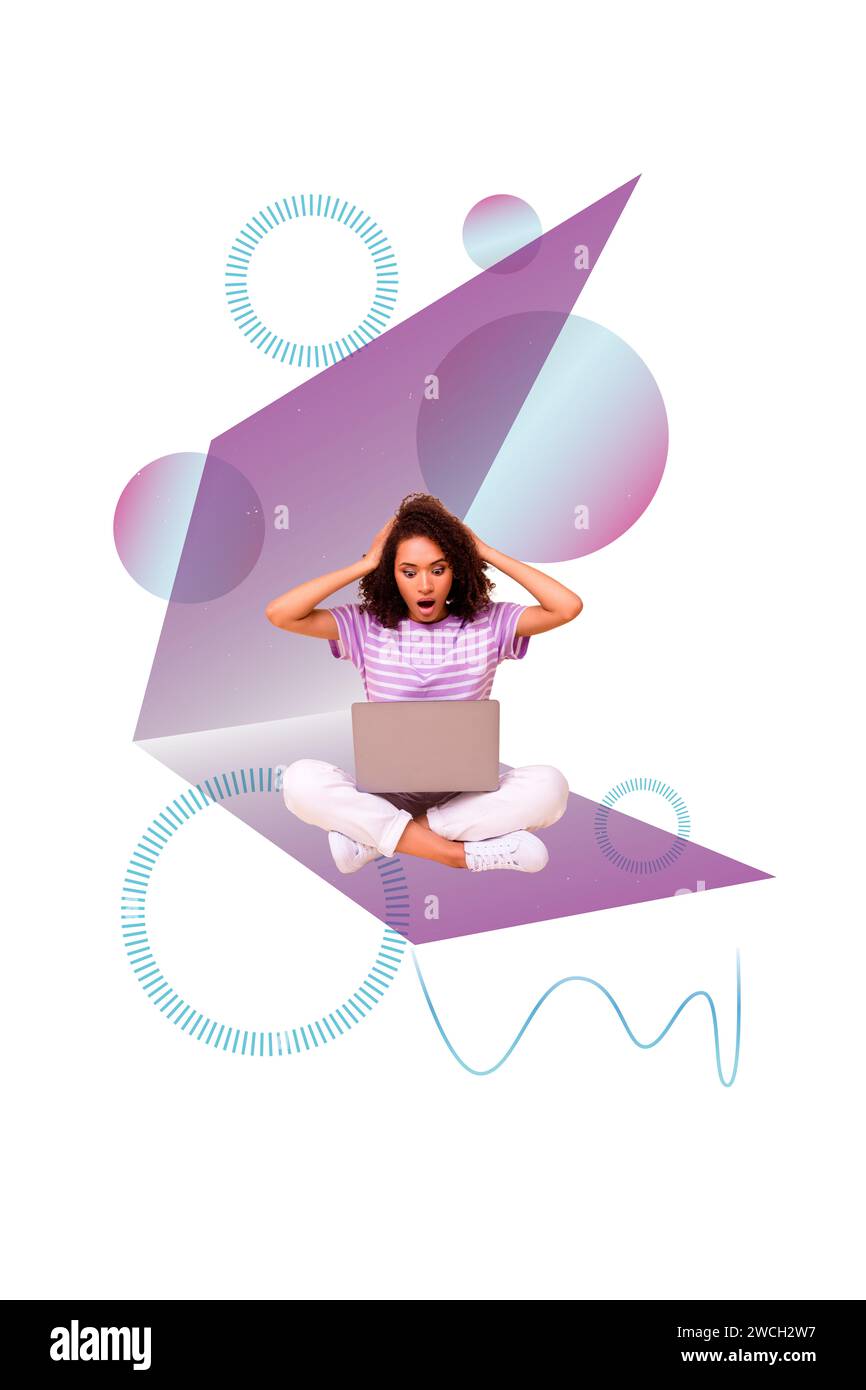 Creative vertical image collage sitting young girl laptop feel amazed scared online social media freelancer template white background Stock Photo