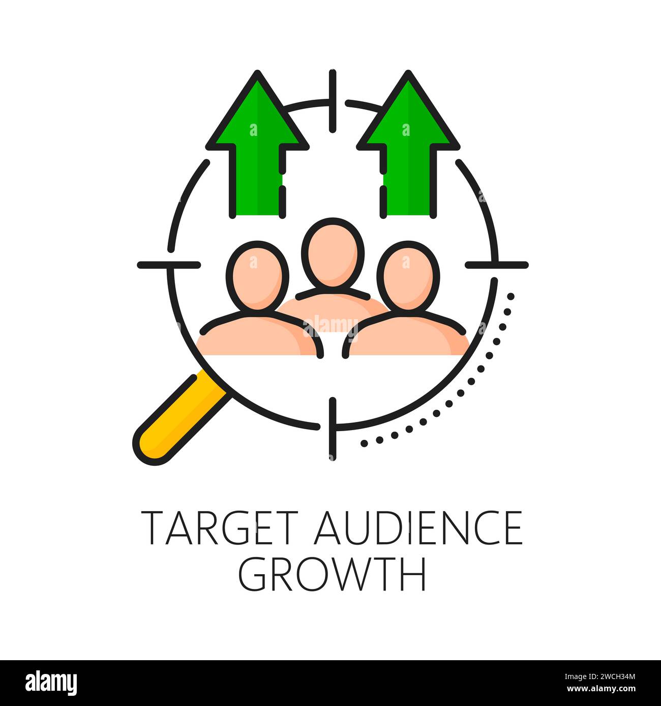 Target audience growth. SEM. Search engine marketing. Online marketing campaign, SEO results analytics or Internet ads performance line vector symbol with clients, magnifying glass and scope crosshair Stock Vector