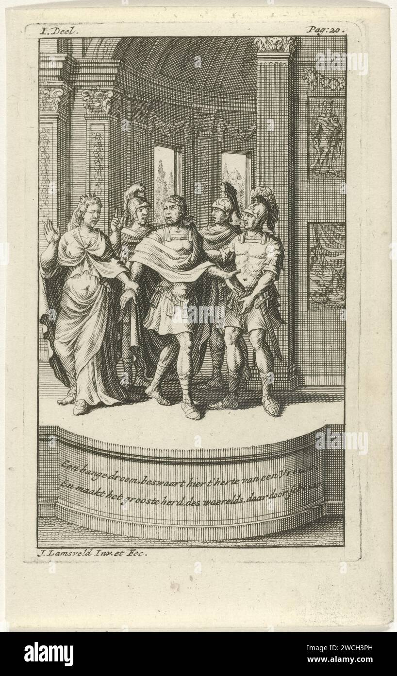 Calpurnia Pisonis tells Julius Caesar her dream, Jan Lamsvelt, 1728 print Calpurnia Pisonis tells her husband Julius Caesar of the dreams in which she was warned of danger. Caesar ignores her and makes it ready to leave. The performance is explained in the two -way caption. The print is marked left and top right: I. part. - Page: 20. Manufactured in the freisle translated from French 'De Kills of Julius Cezar', written by Marie-Anne Barbier.  paper etching (story of) C. Julius Caesar Stock Photo