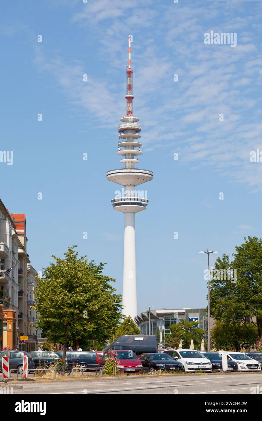 Hamburg, Germany - June 30 2019: The Heinrich Hertz Tower (German: Heinrich-Hertz-Turm) is a 279.2 m (916 ft) landmark radio telecommunication tower. Stock Photo
