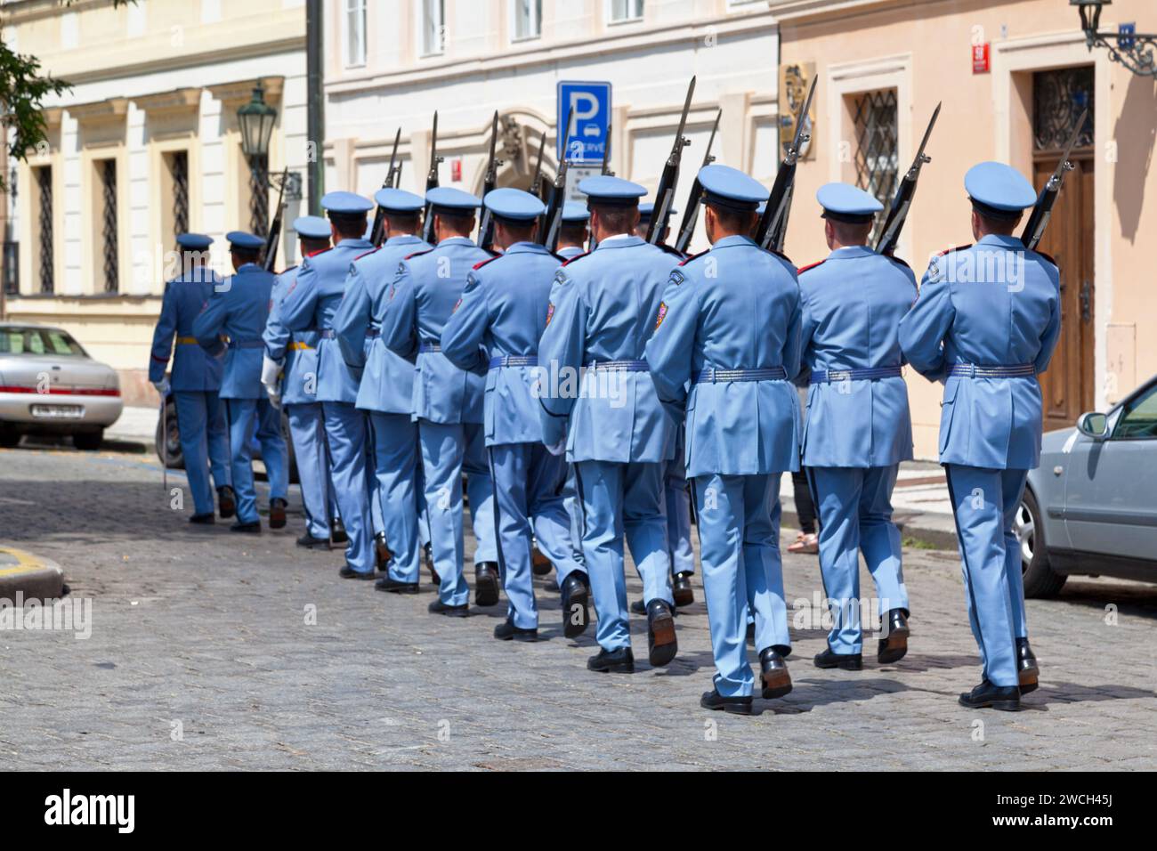 Prague, Czech Republic - June 14 2018: Troop of Prague Castle Guards at the entrance of Hradcany Castle. Stock Photo