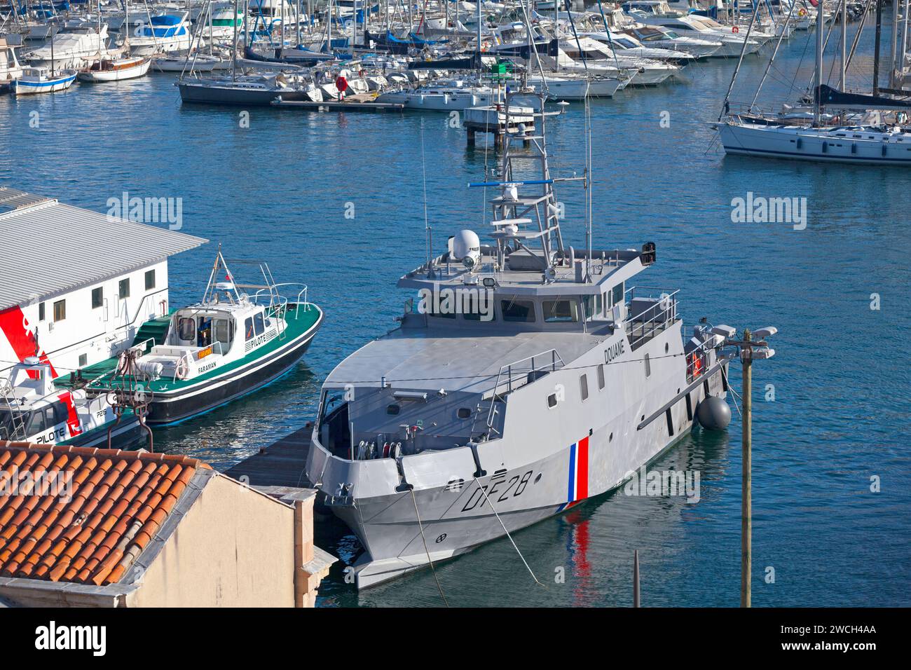 Marseille, France - March 22 2019: Boat of the Douane (Customs) moored in the marina. Stock Photo