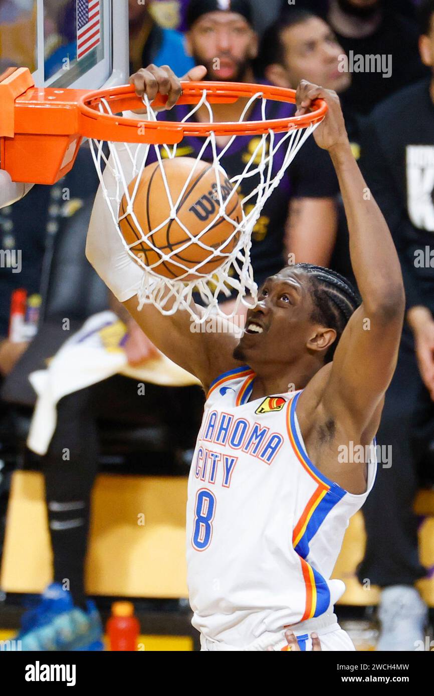 Oklahoma City Thunder's Jalen Williams #8 dunks against the Los Angeles Lakers during an NBA basketball game at Crypto.com Arena. (Photo by Ringo Chiu / SOPA Images/Sipa USA) Stock Photo