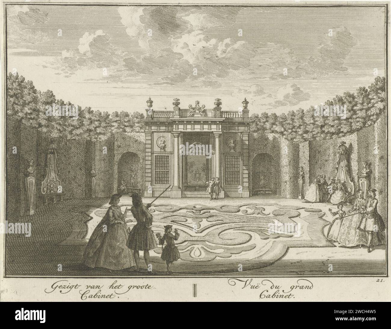 Cabinet in the garden of Huis ter Meer in Maarssen, Hendrik de Leth, c. 1740 print View of the cabinet in the French garden of Huis ter Meer. Groups of figures walk in the garden. The print is part of a series with 26 faces at Huis ter Meer and the accompanying estate in Maarssen.  paper etching country-house. French or architectonic garden; formal garden House Ter Meer Stock Photo