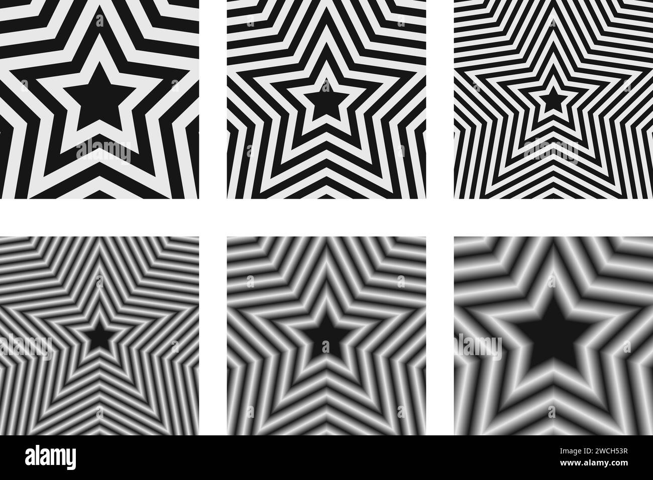 Set of concentric stars backgrounds. Trendy y2k patterns in black and white colors. Groovy psychedelic wallpaper designs. Aesthetic posters with hypnotic effects. Vector graphic illustration Stock Vector