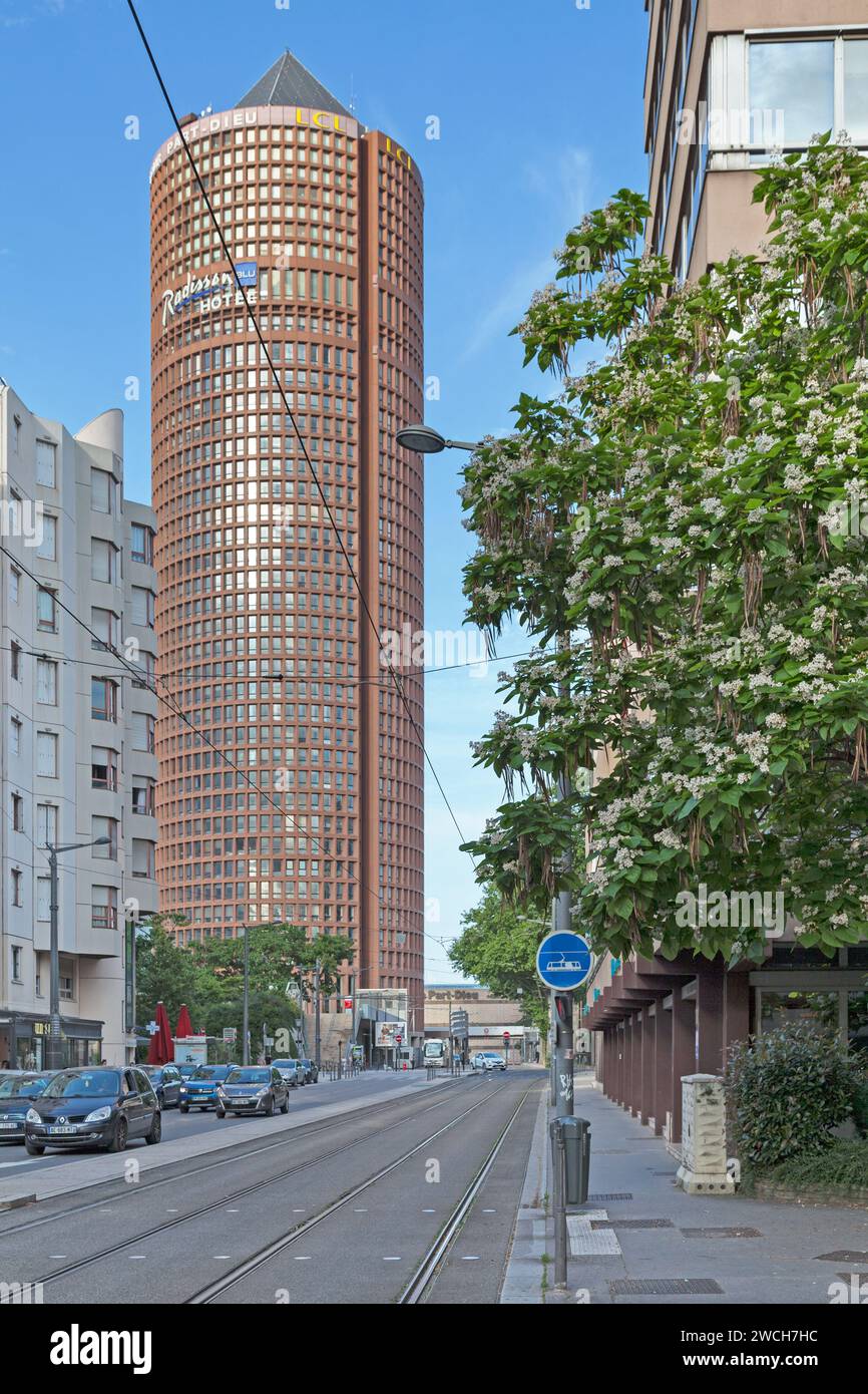 Lyon, France - June 10 2018: The Tour Part-Dieu (formerly Tour du Crédit Lyonnais, or Le Crayon) is a skyscraper in Lyon, France. The building is 164. Stock Photo