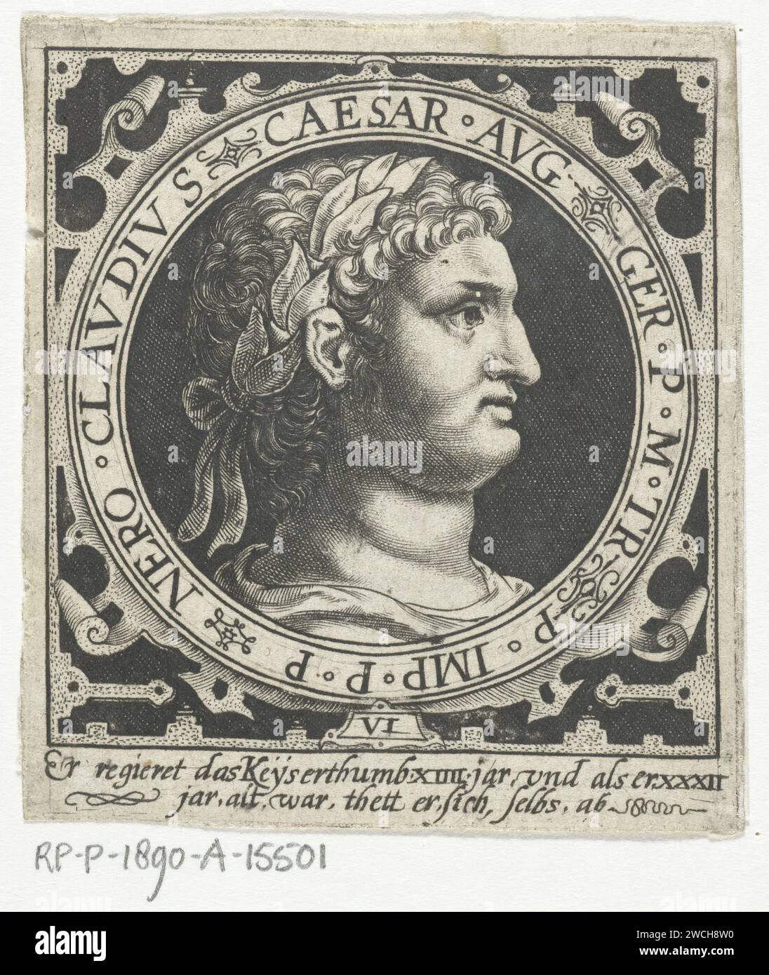 Portrait of Emperor Nero on medallion, Nicolaes de Bruyn, 1594 print Portrait with bust of ...