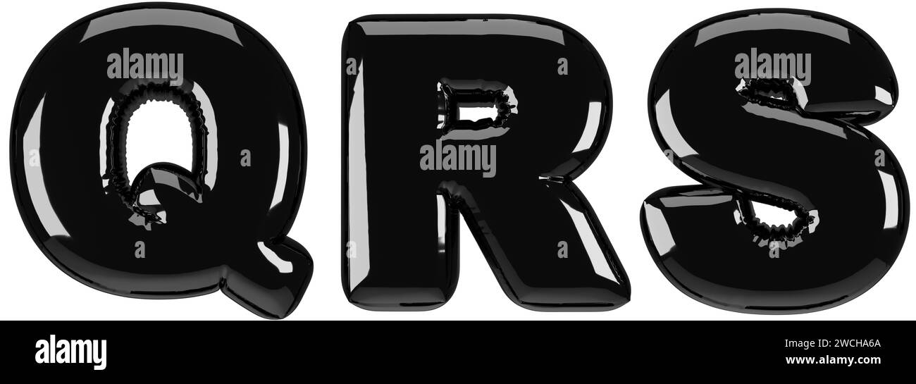 Inflated glossy black letter Q, R, S uppercase illustration. 3D render of latex bubble font with glint. Graphic type, typography, ABC clipart, alphabe Stock Photo