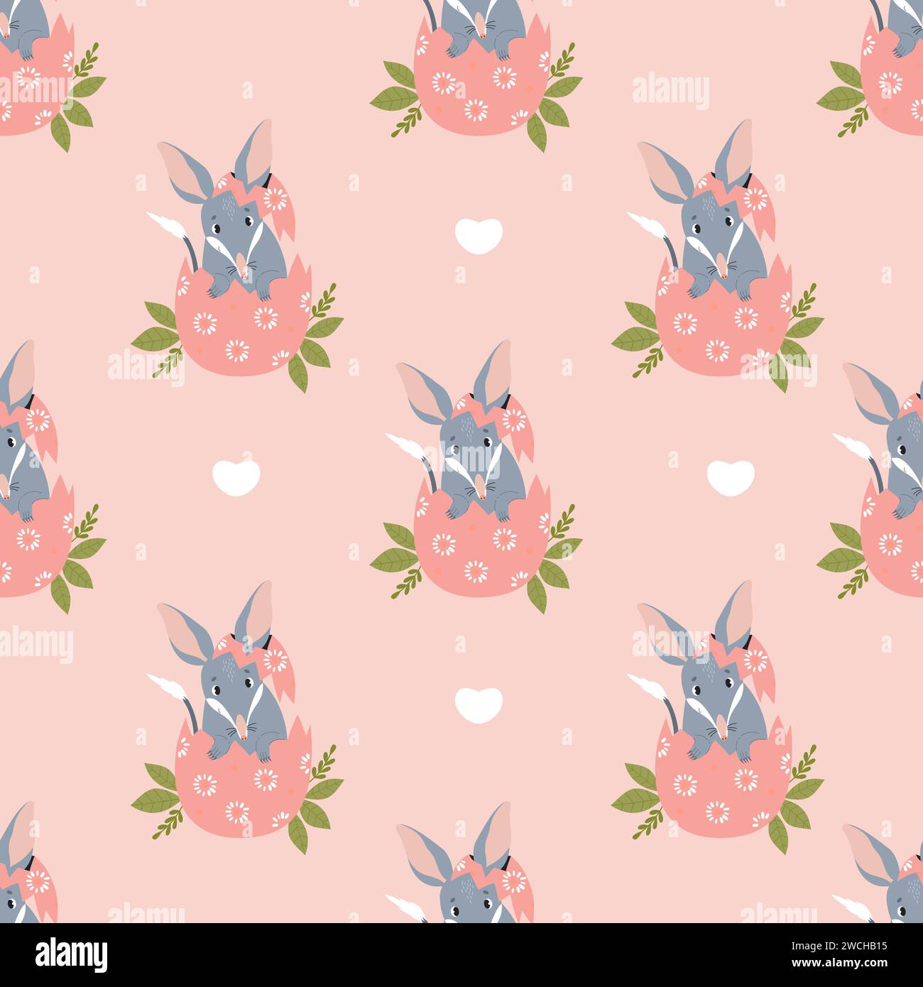 Seamless pattern Easter bilby. Cute Australian animal in egg on pink background. Vector illustration for design, wallpaper, packaging, textile Stock Vector