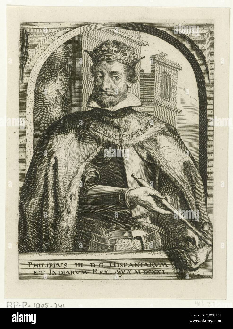 Portrait of Philip III, King of Spain, Pieter de Jode (II), 1628 - 1670 print Portrait of Philip III, halfway. He has been crowned and wears a harness, mantle and a chain with the order of the Golden Fleece. In his right hand he gives a scepter. The portrait is contained in an arched frame with square peripheral. In the margin a two -way caption in Latin. Antwerp paper etching / engraving knighthood order of the Golden Fleece. crown (symbol of sovereignty). sceptre, staff (symbol of sovereignty). armour Stock Photo
