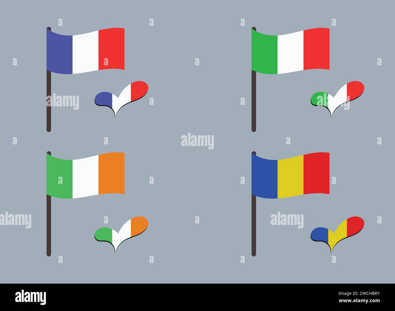 Set of flags (France, Italy, Romania, Ireland). Heart in flag colors. Set of national symbols