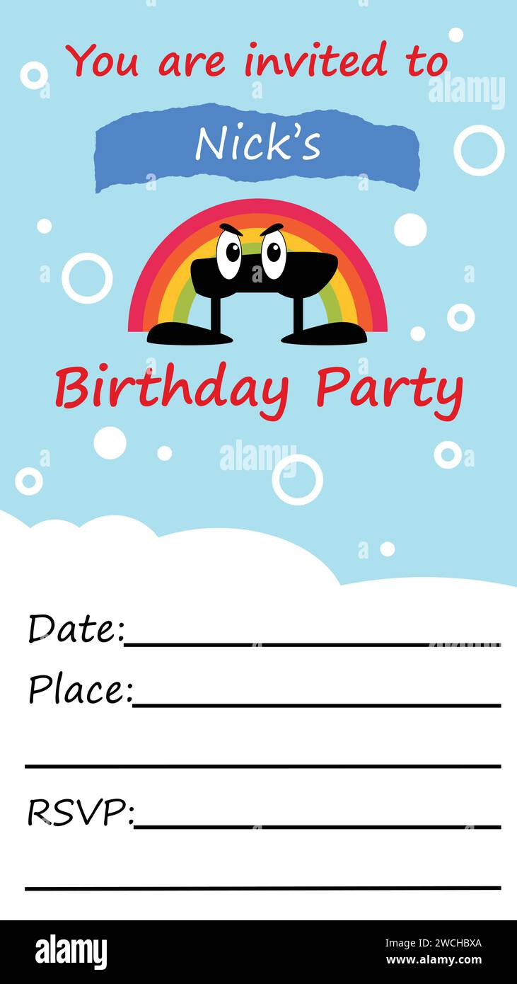 Birthday party invitation. You can change the name, text is editable. Illustration for kids' party. Stock Vector