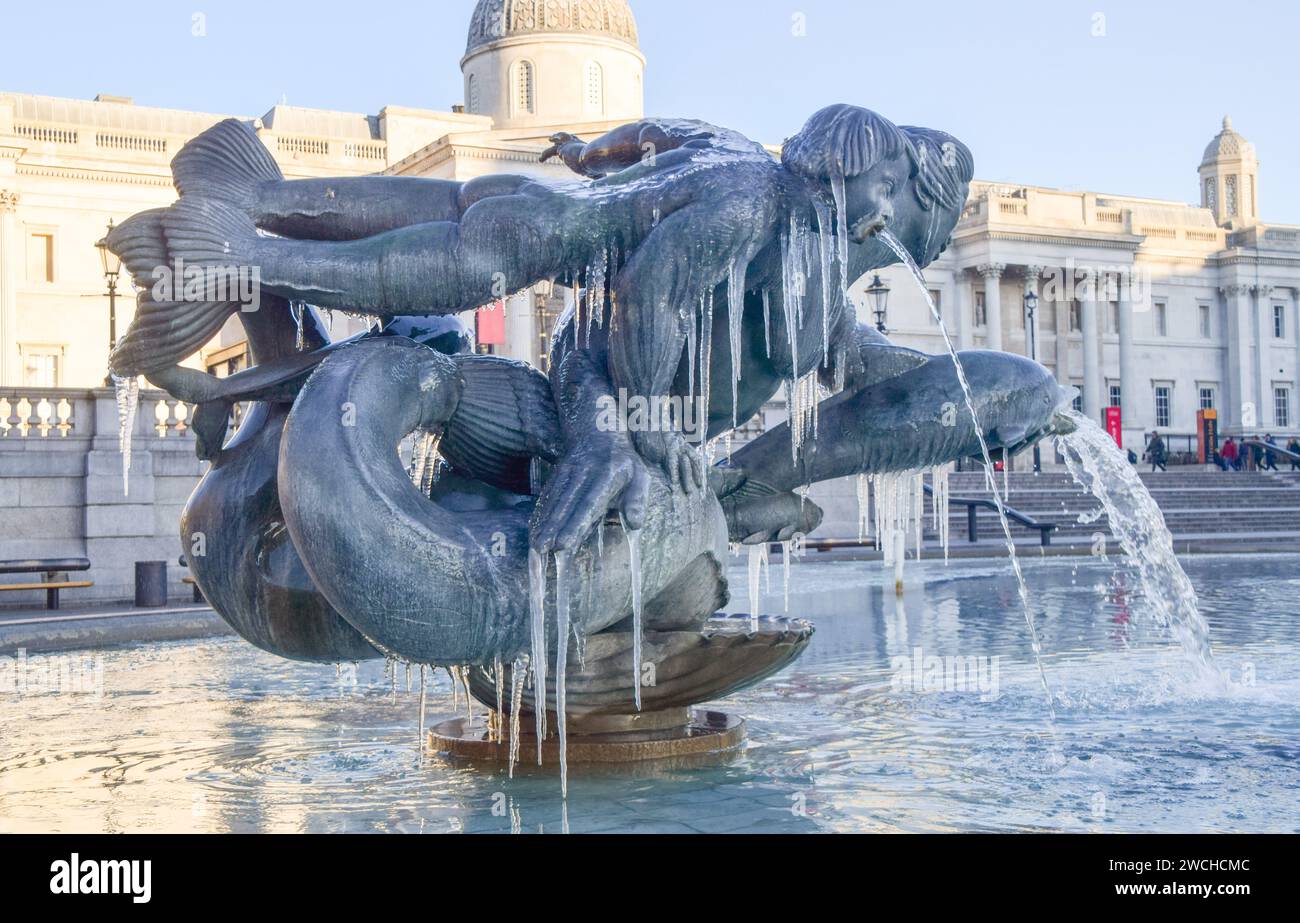 London, England, UK. 16th Jan, 2024. Trafalgar Square fountains freeze