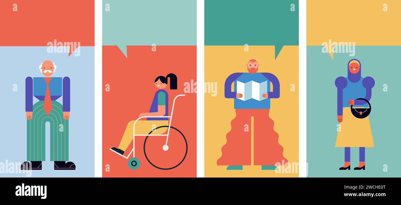 People with speech bubbles, community, family or neighborhood standing ...