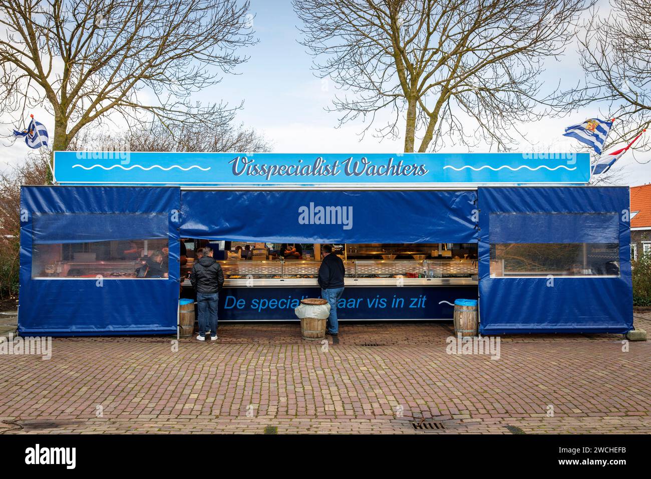 fish stall, fish sale in Vrouwenpolder, Walcheren, Zeeland, Netherlands.  Fischbude, Fischverkauf in Vrouwenpolder, Walcheren, Zeeland, Niederlande. Stock Photo