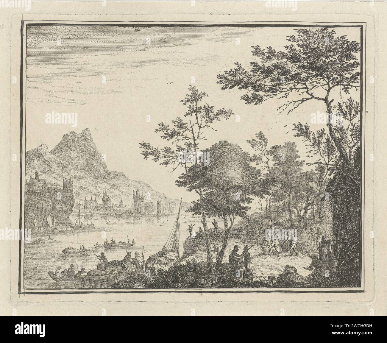 River landscape with landing site, Gerard Melder, c. 1703 - c. 1754 print  Utrecht paper etching water course. harbouring Stock Photo