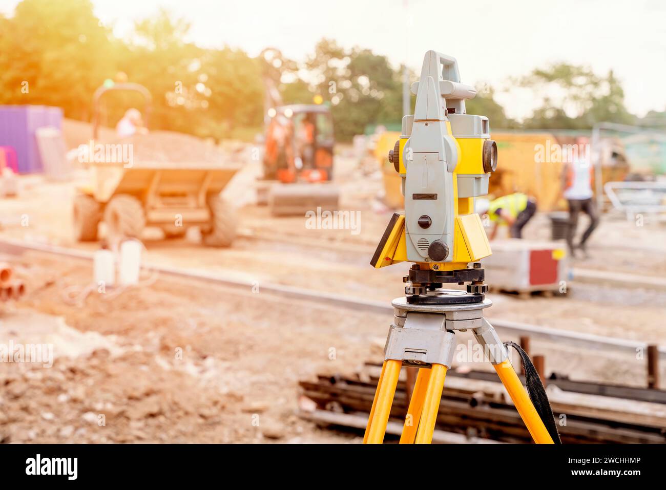 Surveyor equipment EDM tacheometer theodolite set on the tripod ...