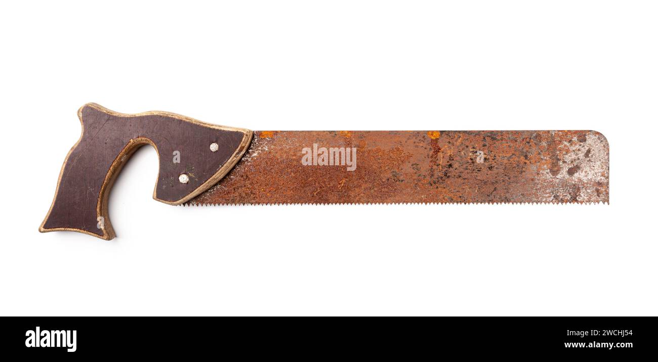 Vintage hand saw isolated on white background. Stock Photo