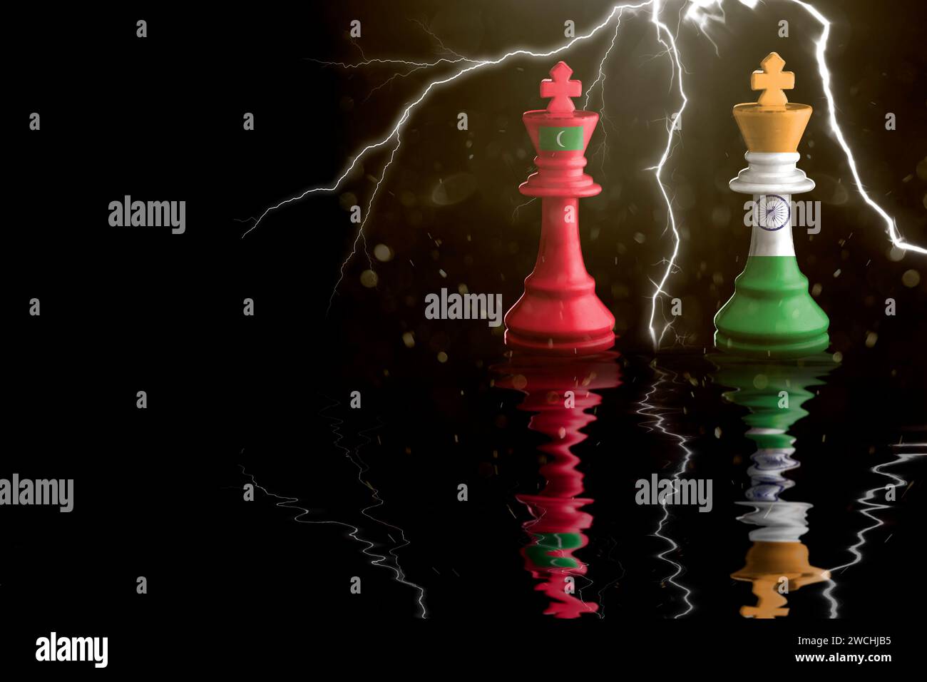 Maldives and india flags paint over on chess king. 3D illustration india vs Maldives crisis. Stock Photo
