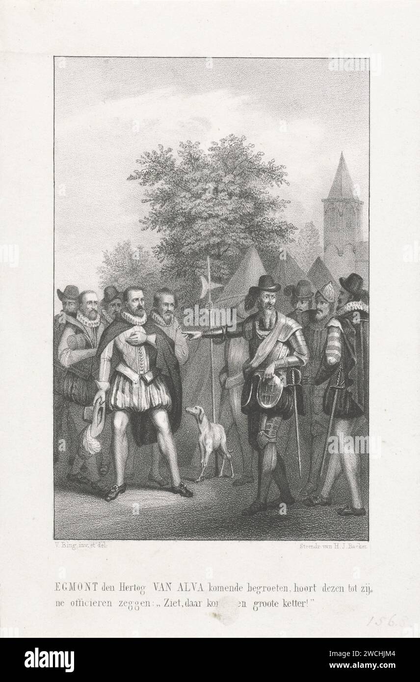 Alva calls Egmond a big heretic at their meeting, 1567, Anonymous, Hilmar Johannes Backer, after Valentijn Bing, 1822 - 1845 print At their meeting, the Duke points from Alva to Egmond and calls him a big heretic against his officers, 1567. Dordrecht paper Stock Photo