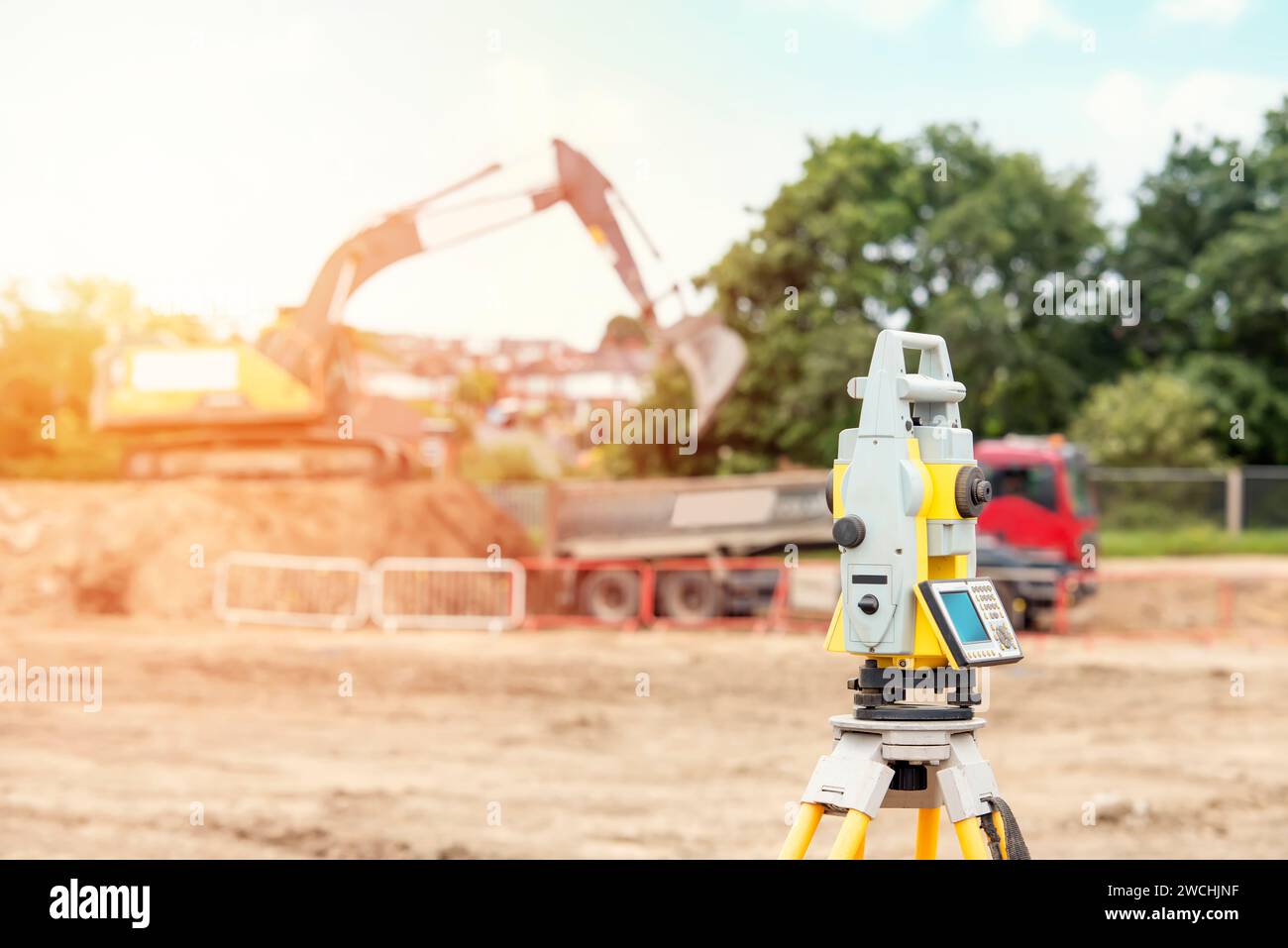 Surveyor equipment EDM tacheometer theodolite set on the tripod ...