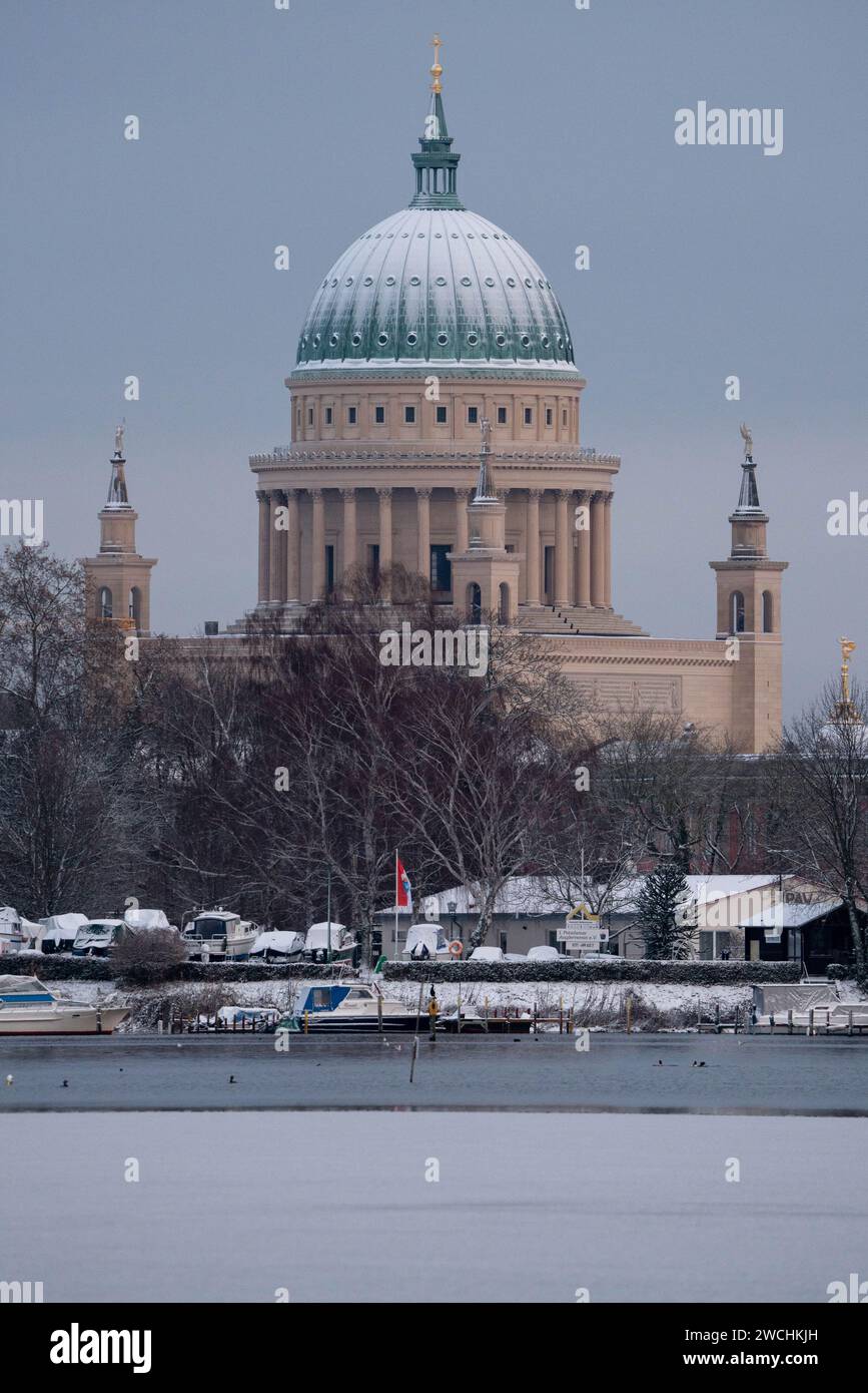 Potsdam, Germany. 16th Jan, 2024. The dome of St. Nicholas Church is