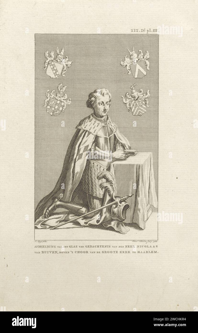 Portrait of Claes van Ruyven, Reinier Vinkeles (I), After Jacobus Buys, 1788 print Portrait of Claes van Ruyven, kneeling in armor and with folded hands at a table with prayer book. Left and right are four coats of arms, the shield of which is the coat of arms of Van Ruyven. Claes van Ruyven, steward of De Graaf van Holland and Schout van Haarlem, was beaten to death in Haarlem in 1492 during the uprising of the cheese and bread people. At the top right: xix.dl.pl.iii. Amsterdam paper etching armorial bearing, heraldry. kneeling on both knees. helmet. hacking and thrusting weapons: sword Stock Photo