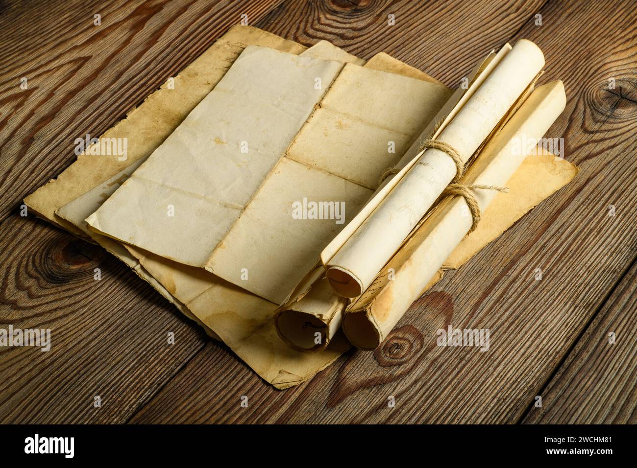 Old sheets Paper  Aged on  wood Background Stock Photo