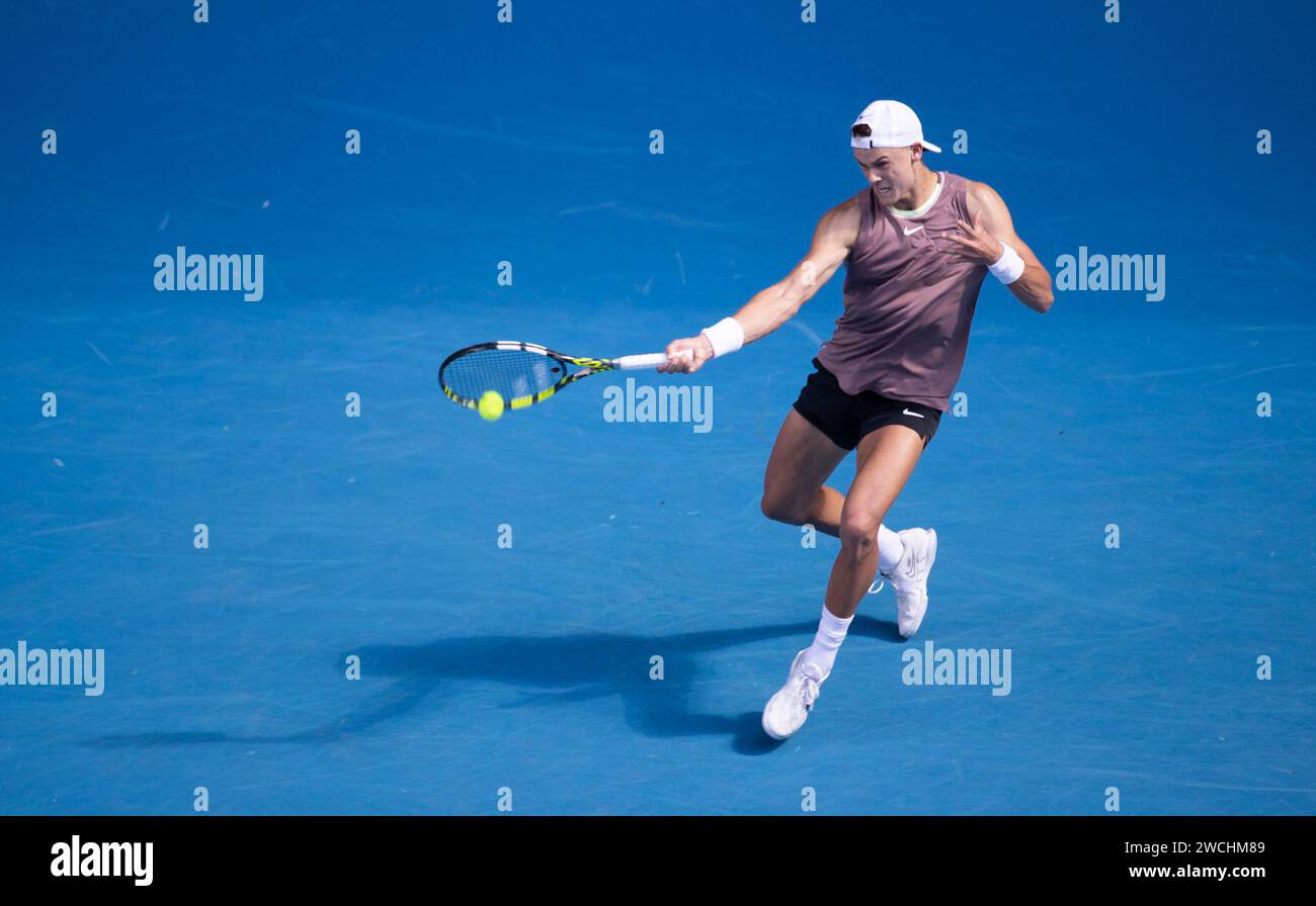 Melbourne, Australia. 16th Jan, 2024. Holger Rune of Denmark hits a ...