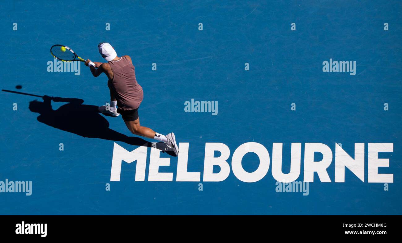 Melbourne, Australia. 16th Jan, 2024. Holger Rune of Denmark hits a ...