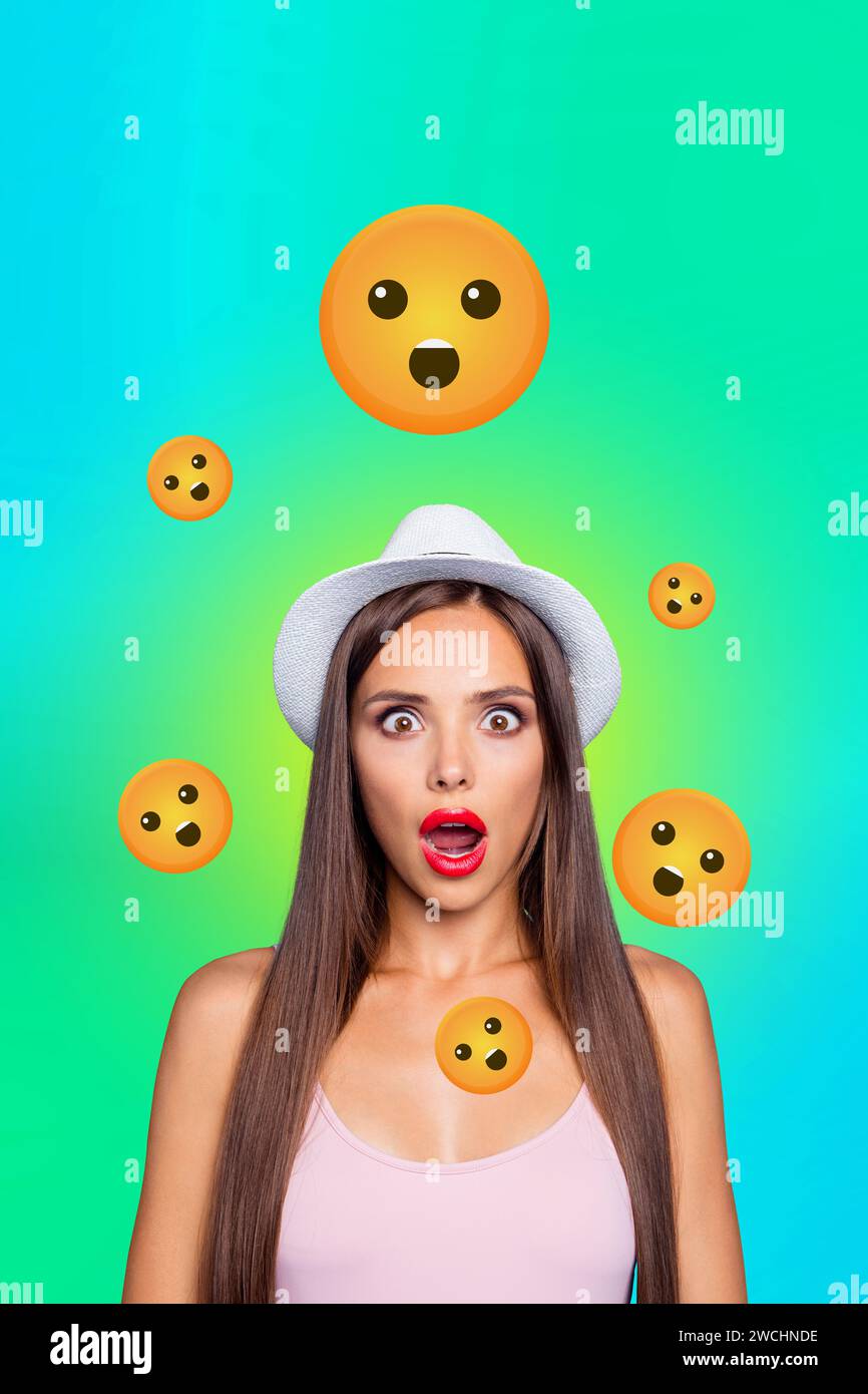 Vertical collage picture poster standing young impressed beautiful girl emoji reaction astonished wow amazed shocked telegram Stock Photo