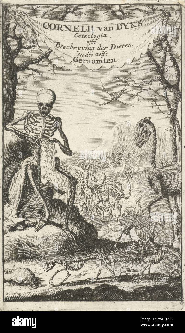 Human frame reads a list of animal names, Jan Luyken, 1680 print In a ...