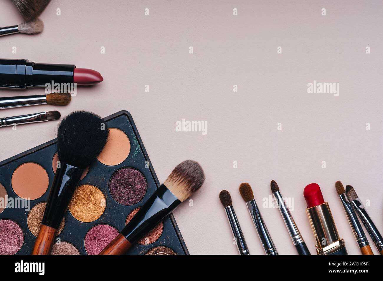 set of professional cosmetics for makeup and skin care and female beauty. Flat lay frame composition, top view. Stock Photo