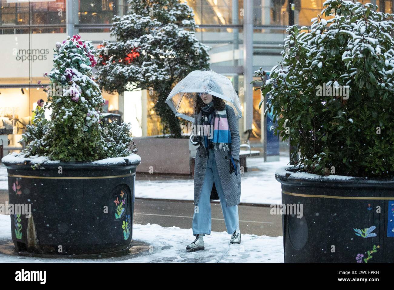 Manchester, UK. 16th Jan, 2024. A woman wraps up warm after heavy