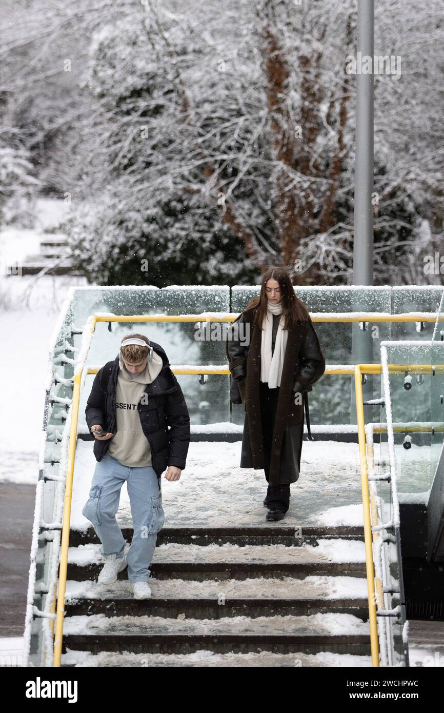 Manchester, UK. 16th Jan, 2024. Commuters at Castlefield Station after
