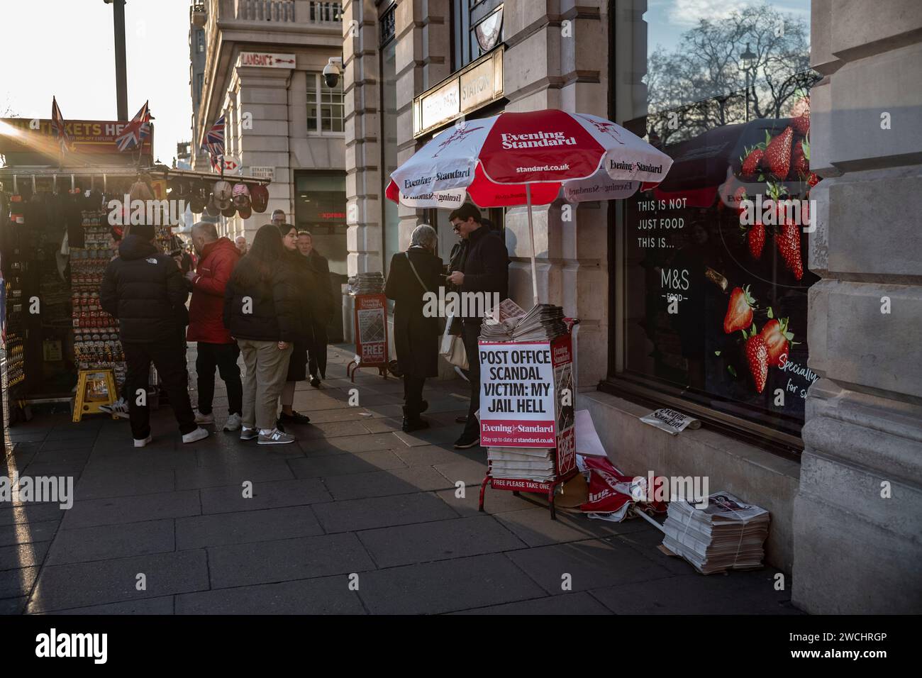 Newspaper stand at Marble Arch in London, with the days headlines 'Post Office Scandal Victim: My Jail Hell', England, United Kingdom Stock Photo