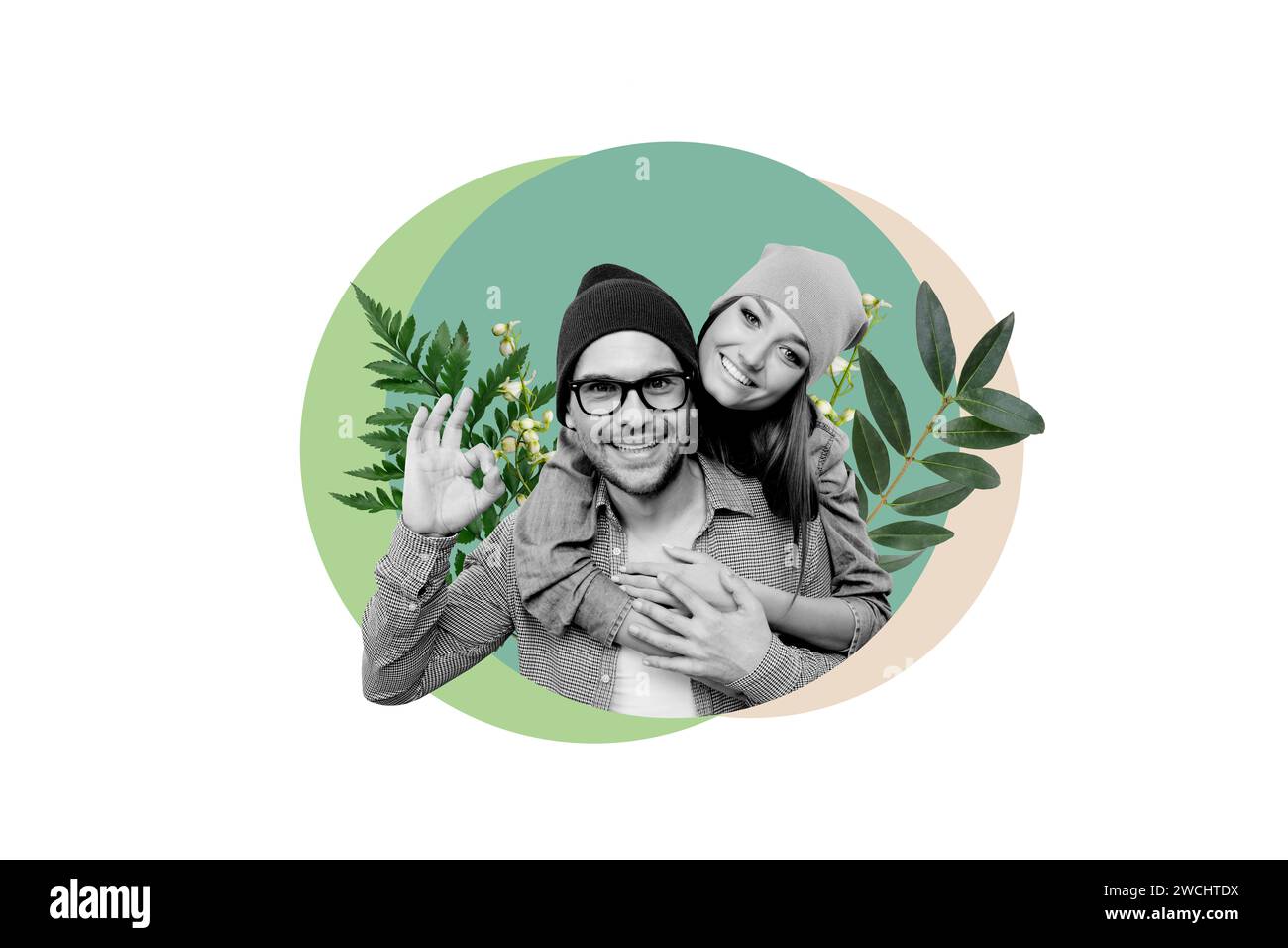 Artwork collage picture of two black white colors soulmates hug show