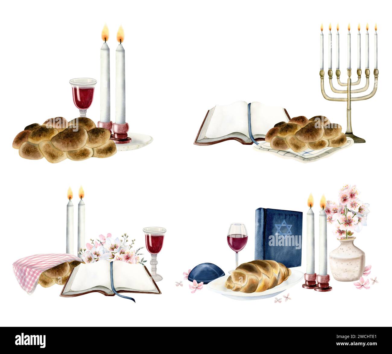Shabbat ceremony scenes watercolor illustration set with Torah, star of David, candles, challah, red wine and menorah Stock Photo