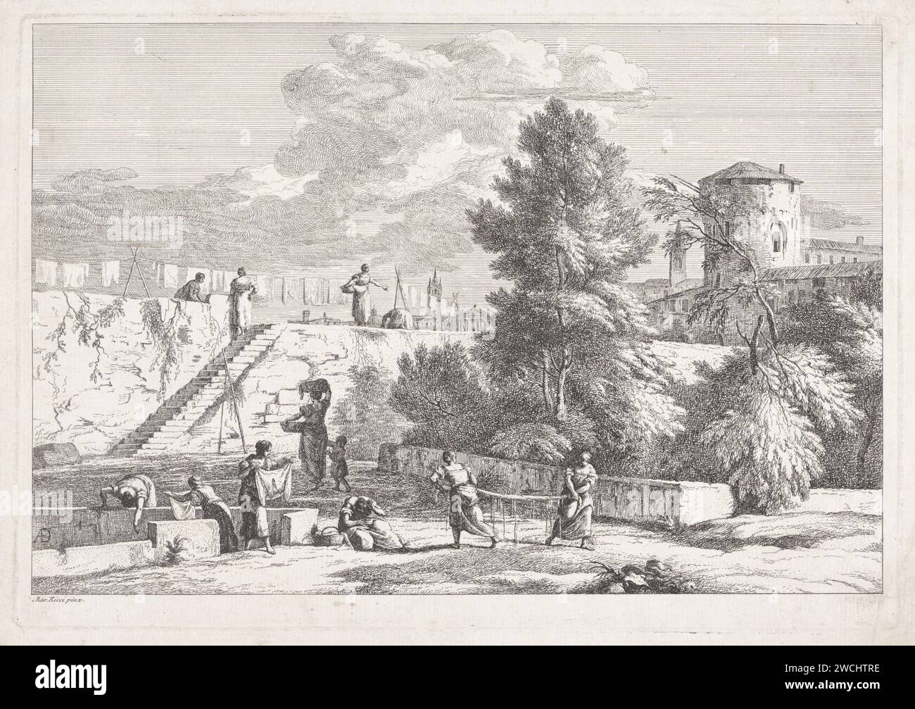 Landscape with women doing the laundry, Davide Antonio Fossati, After Marco Ricci, 1743 print Landscape with women who do the laundry. In the foreground on the left, clothes and sheets are washed. In the background they are hung on a clothesline. Italy paper etching landscapes. city-view, and landscape with man-made constructions. accessories and implements  laundering, e.g. clothes-peg, drying frame, (empty) washing line Stock Photo