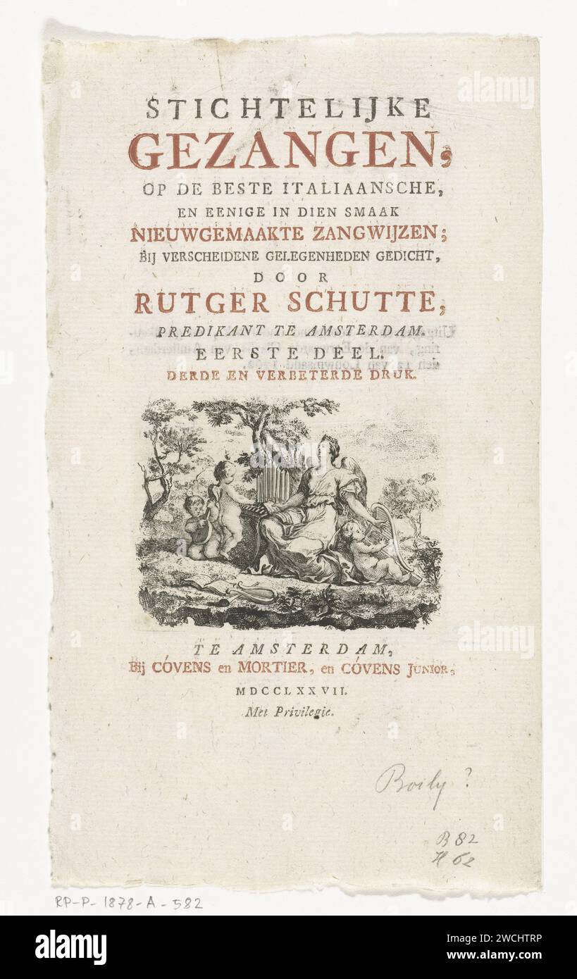 Title page for: R. Schutte, Fighting Humors, Amsterdam, 1777, Charles Ange Bily (Possible), 1777 print A singing angel is accompanied by three putti on lute, harp and organ. Amsterdam paper etching / letterpress printing angels singing, making music Stock Photo