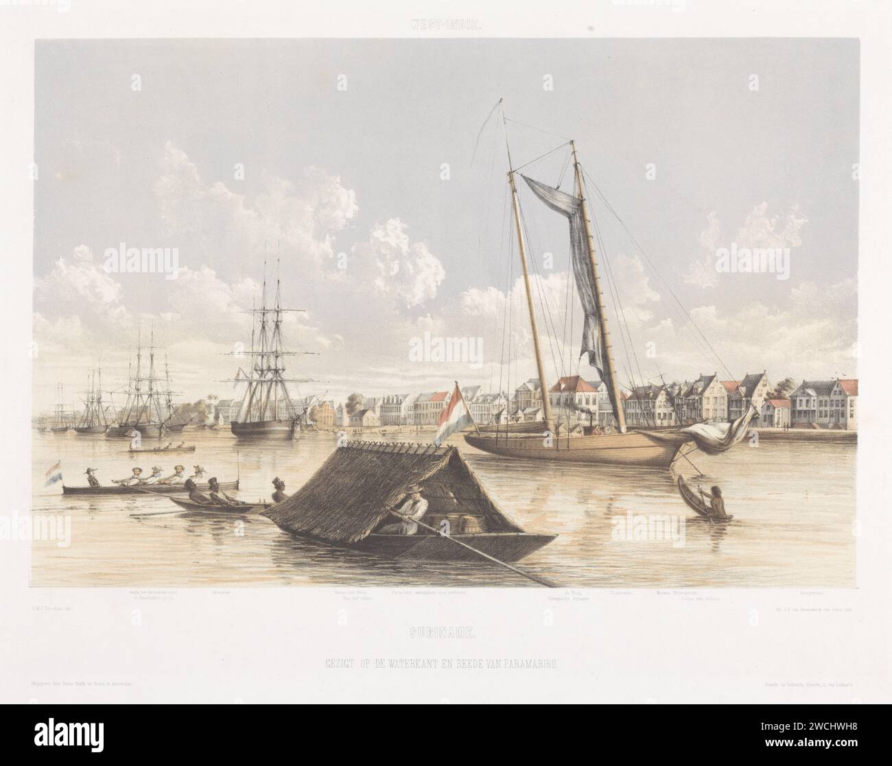 View of the Waterkant and Reede of Paramaribo, Jonkheer Jacob Eduard van Heemskerck van Beest, after Gerard Voorduin, 1860 - 1862 print Various boats sail on the river, including a few rowing boats. In the front, a pondo sails with a thatched roof with which barrels are transported. Behind it a Curaçao schooner with the Dutch flag. On the quay buildings such as the Waag with a red roof. Street names are displayed under the image, at their place on the quay. print maker: Netherlandsprinter: Utrechtpublisher: Amsterdam paper  river Suriname Stock Photo