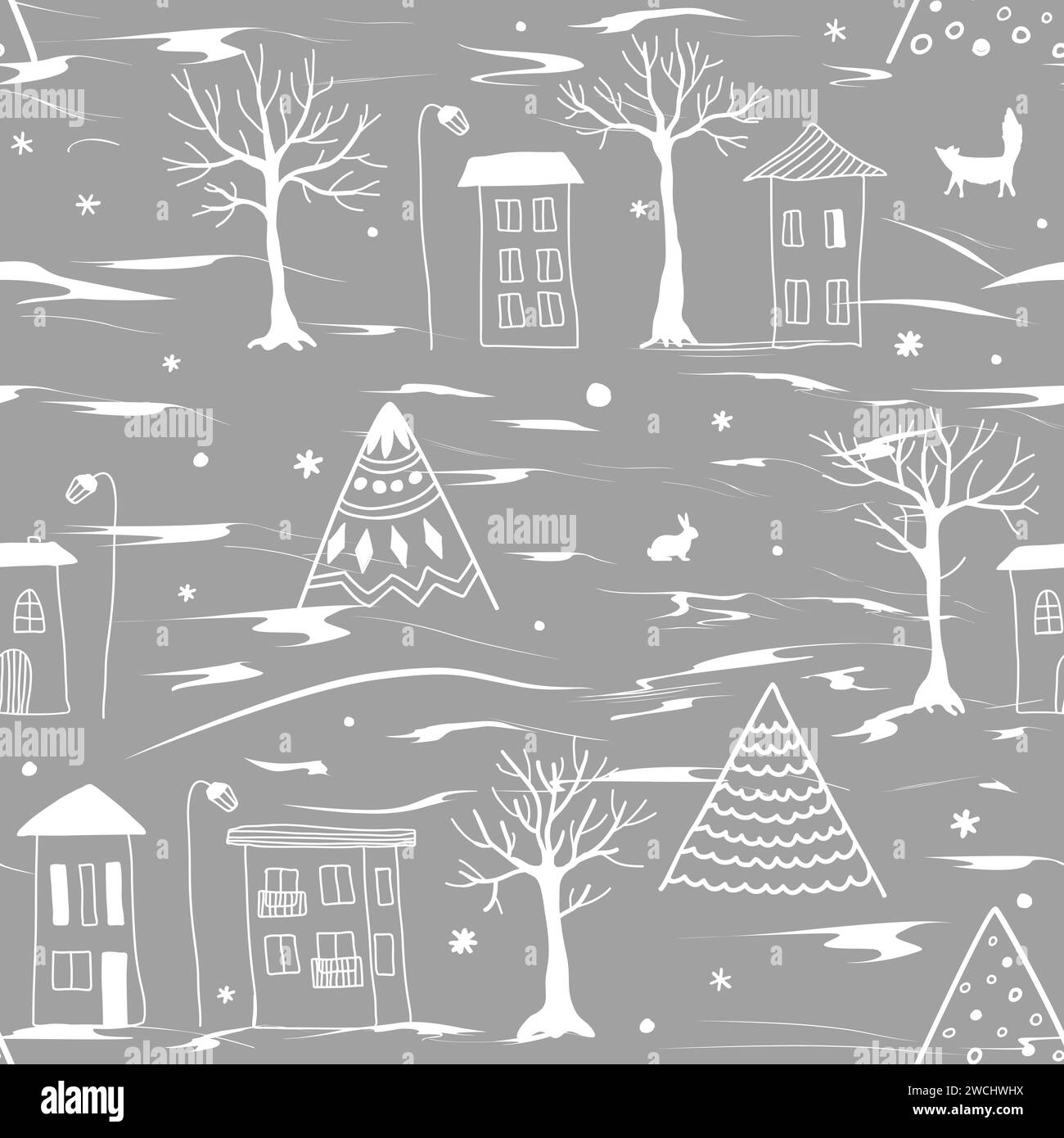 Seamless pattern of doodle hand drawn trees and houses. City landscape. Great for fabric, textile, vector illustration. Stock Vector