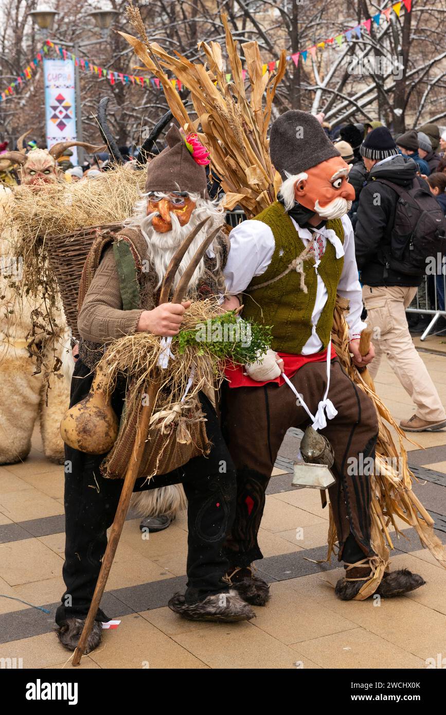 Old men costumes participants at the Surva International Masquerade and Mummers Festival in Pernik, Sofia Region, Bulgaria, Eastern Europe, Balkans Stock Photo
